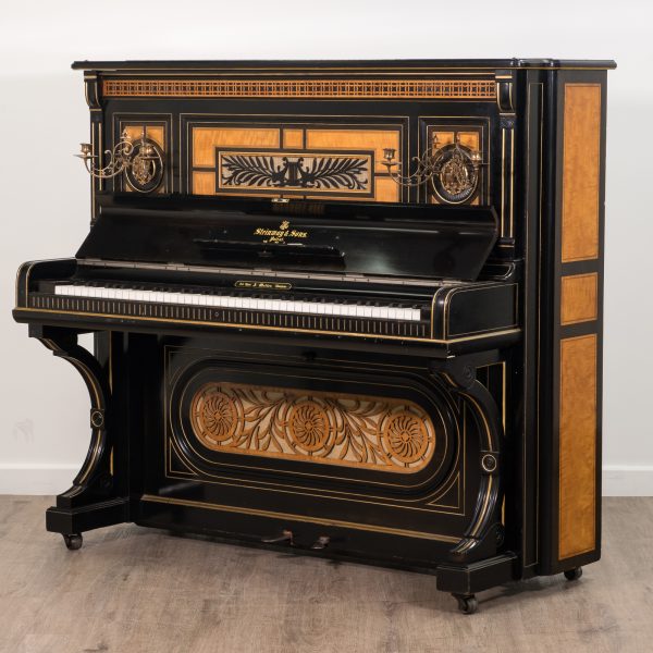 Steinway Model Vertigrand upright piano in black polish and satinwood in aesthetic