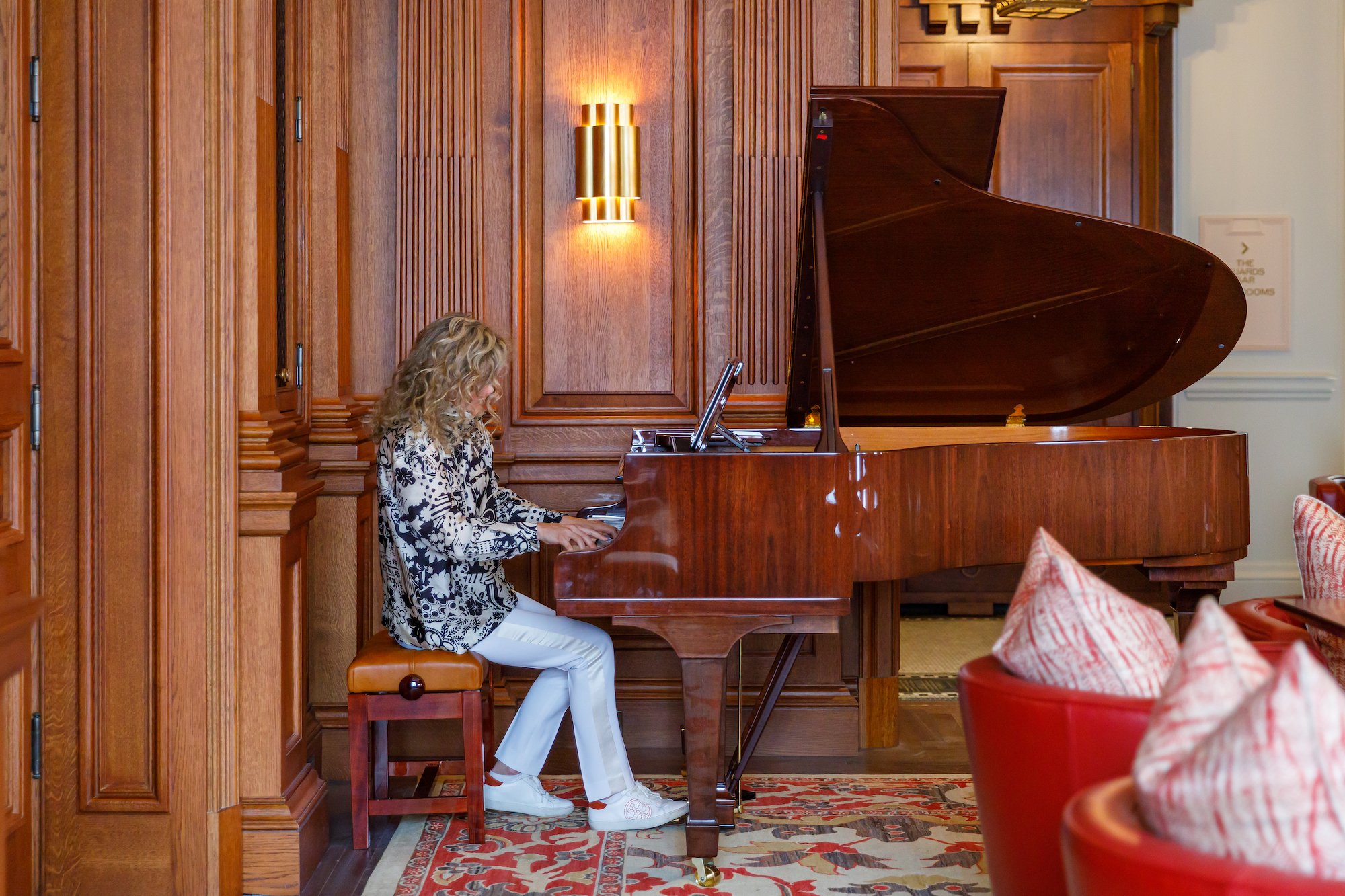 Anne Lovett playing Steinway in Drawing Room at Raffles London