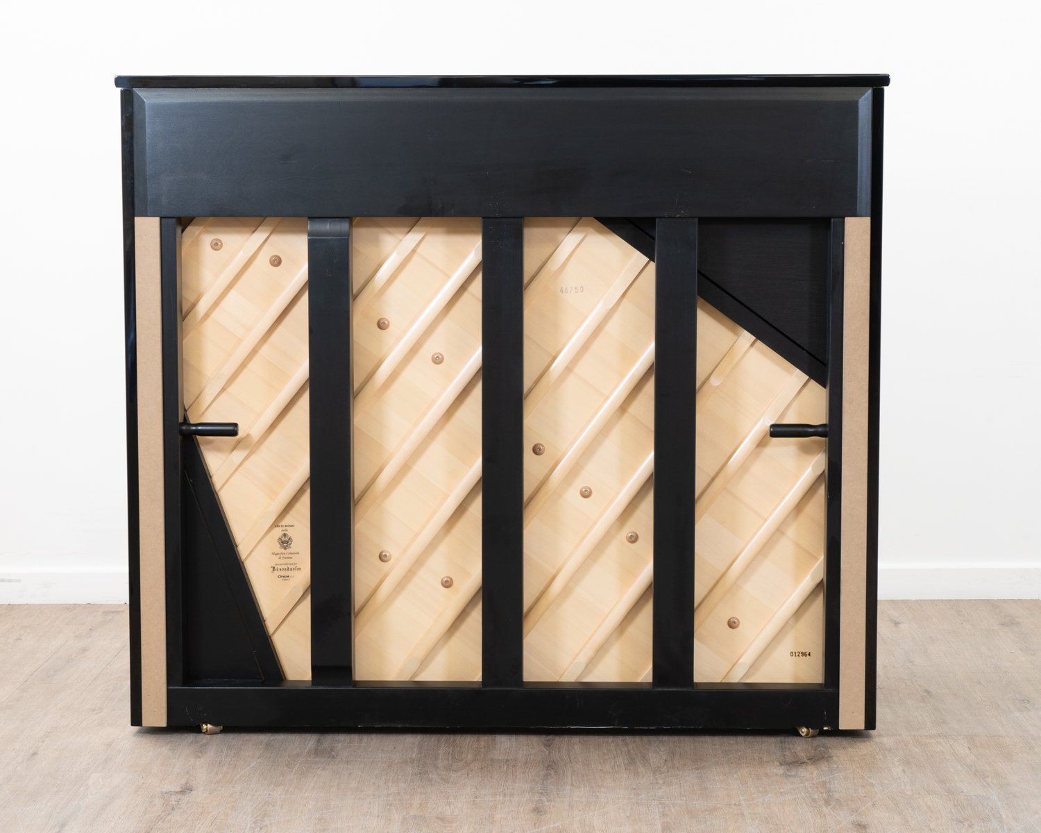 Bosendorfer 130 upright piano in polished black with burr walnut