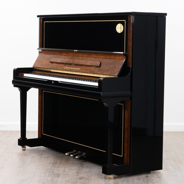 Bosendorfer 130 upright piano in polished black with burr walnut